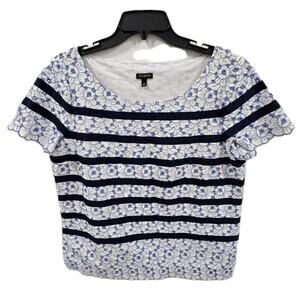 Talbots floral Blue White Embroidered Natical Style Cotton Top Size 12 Summer